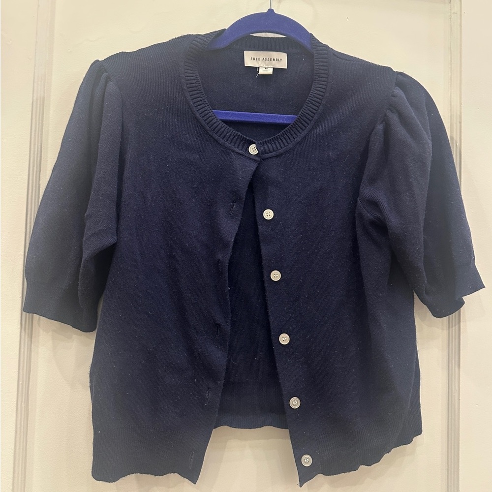 Navy Blue Cardigan with Puff Sleeves